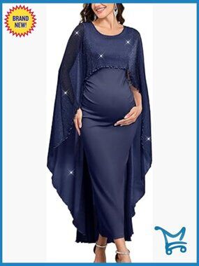 Maternity Formal Dress with Sparkly Mesh Cape Long Bodycon Maxi Gown for
